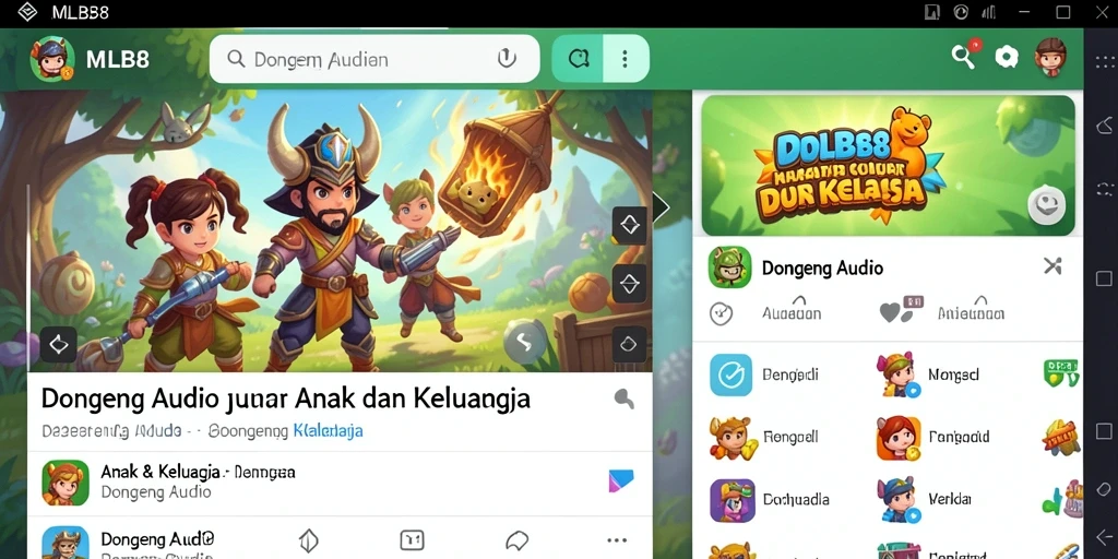 Antarmuka <strong>MLBB8</strong> yang ramah anak dengan pilihan dongeng audio.