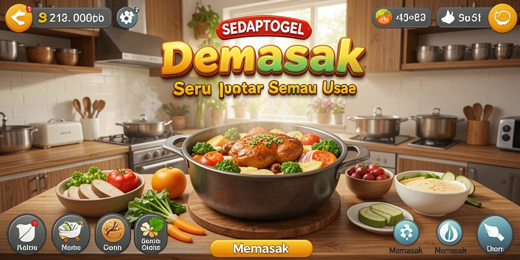 Screenshot antarmuka SEDAPTOGEL yang menampilkan aksi memasak yang dinamis.